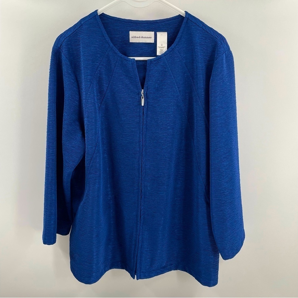 Alfred Dunner Royal Blue Ruched Lightweight Zip Up 3/4 Sleeve Pockets Jacket